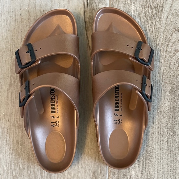 Birkenstock Shoes - Birkenstock Gold/Brown Slide Sandals
